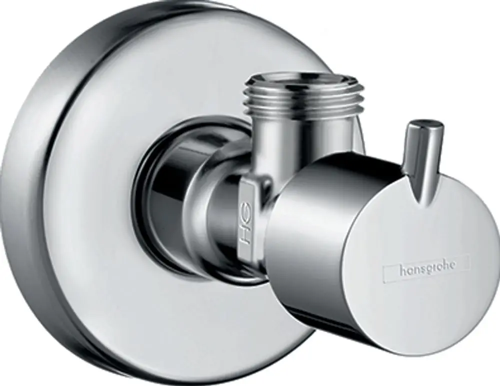 Chromfarbenes Eckventil von Hansgrohe mit runder Wandplatte und drehbarem Hebel. Verbindungsarmatur zur Wasserführung, geeignet für Wandmontage.
